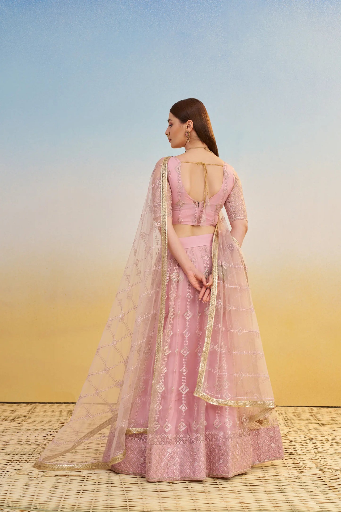 Light Pink Net Lehenga Choli With Thread & Sequins Embroidery Work