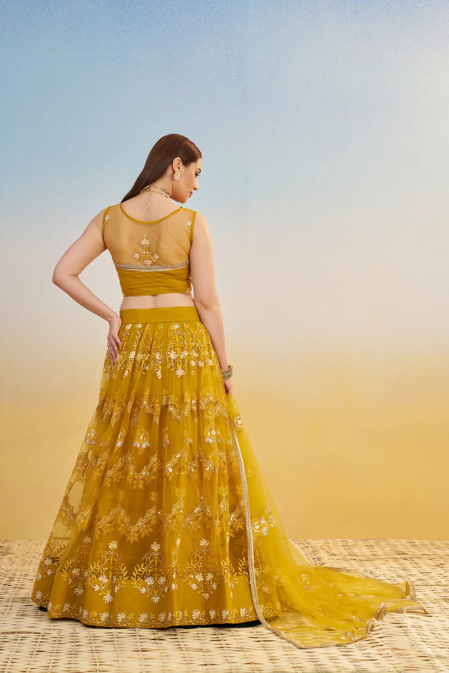 Yellow Net Lehenga Choli With Thread & Sequins Embroidery Work