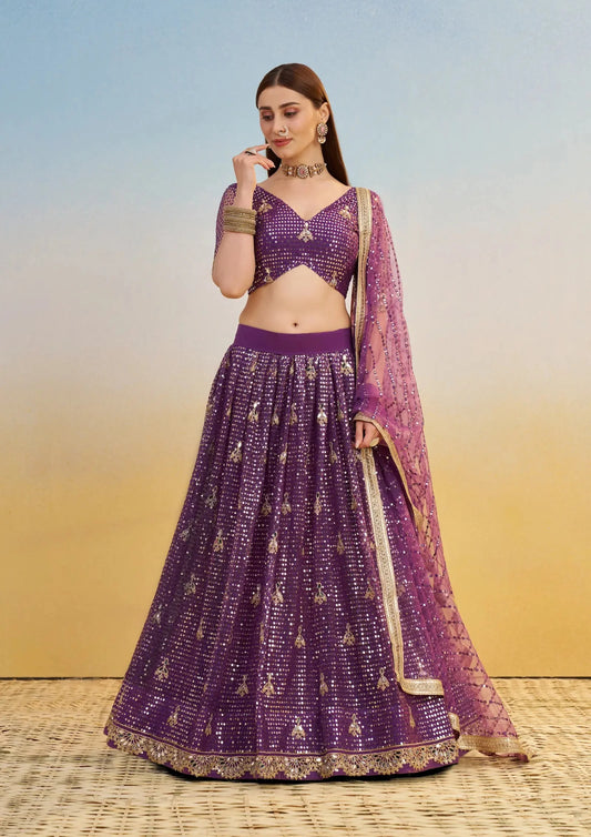 Dark Purple Net Lehenga Choli With Thread & Sequins Embroidery Work