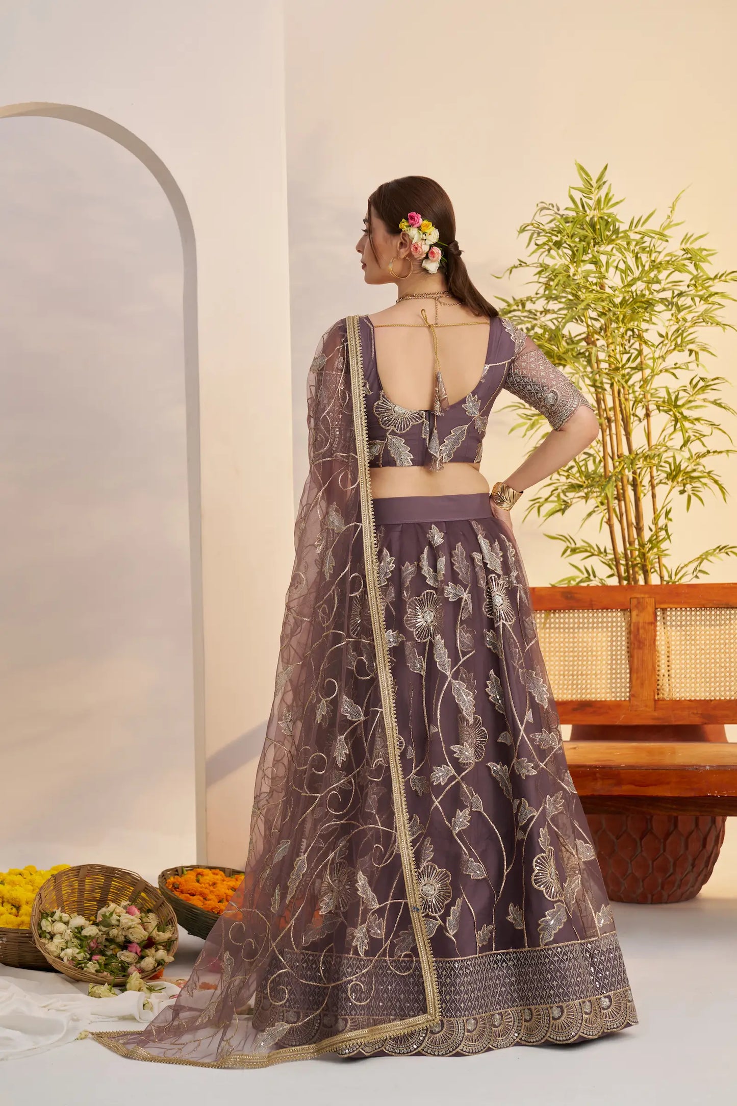 Dark Onion Net Lehenga Choli With Embroidery Work