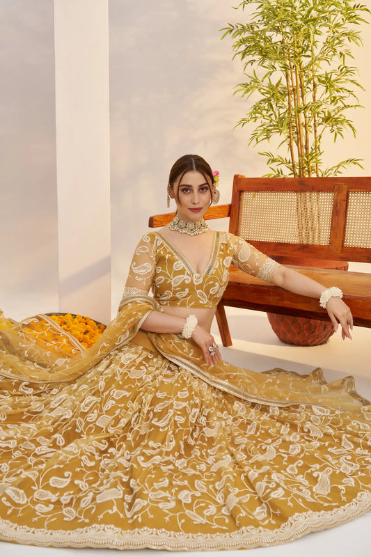 Golden Yellow Net Lehenga Choli With Embroidery Work