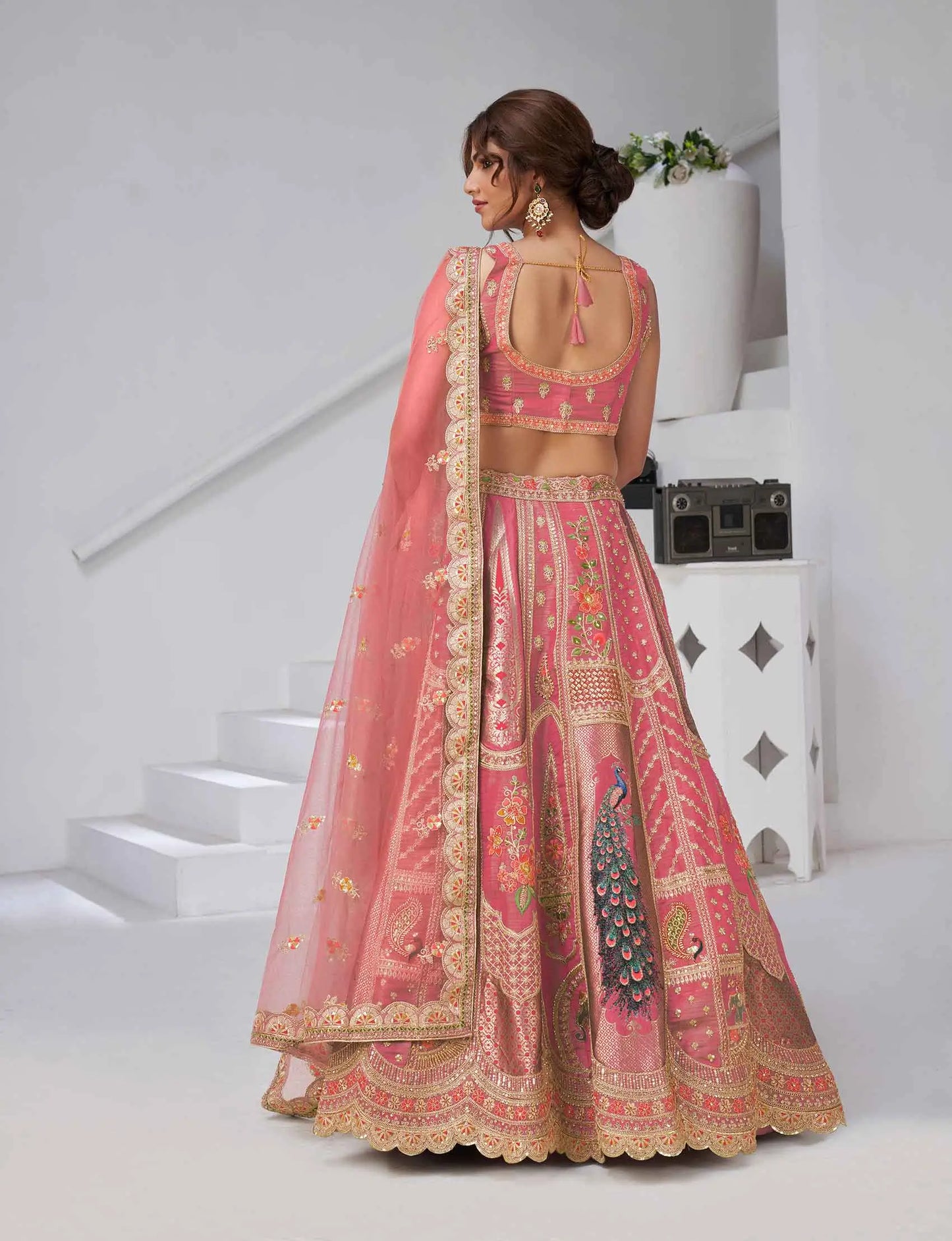 Designer Pink Silk Lehenga With Peacock Feather Work