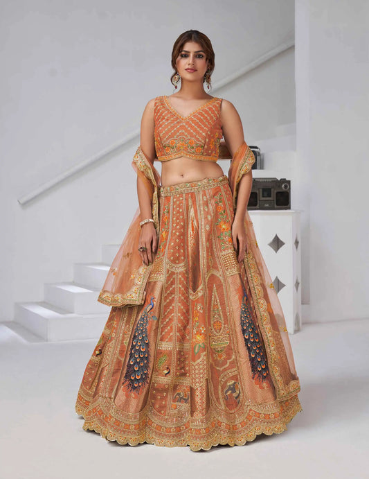 Elegant Rust Silk Lehenga With Feather Detailing