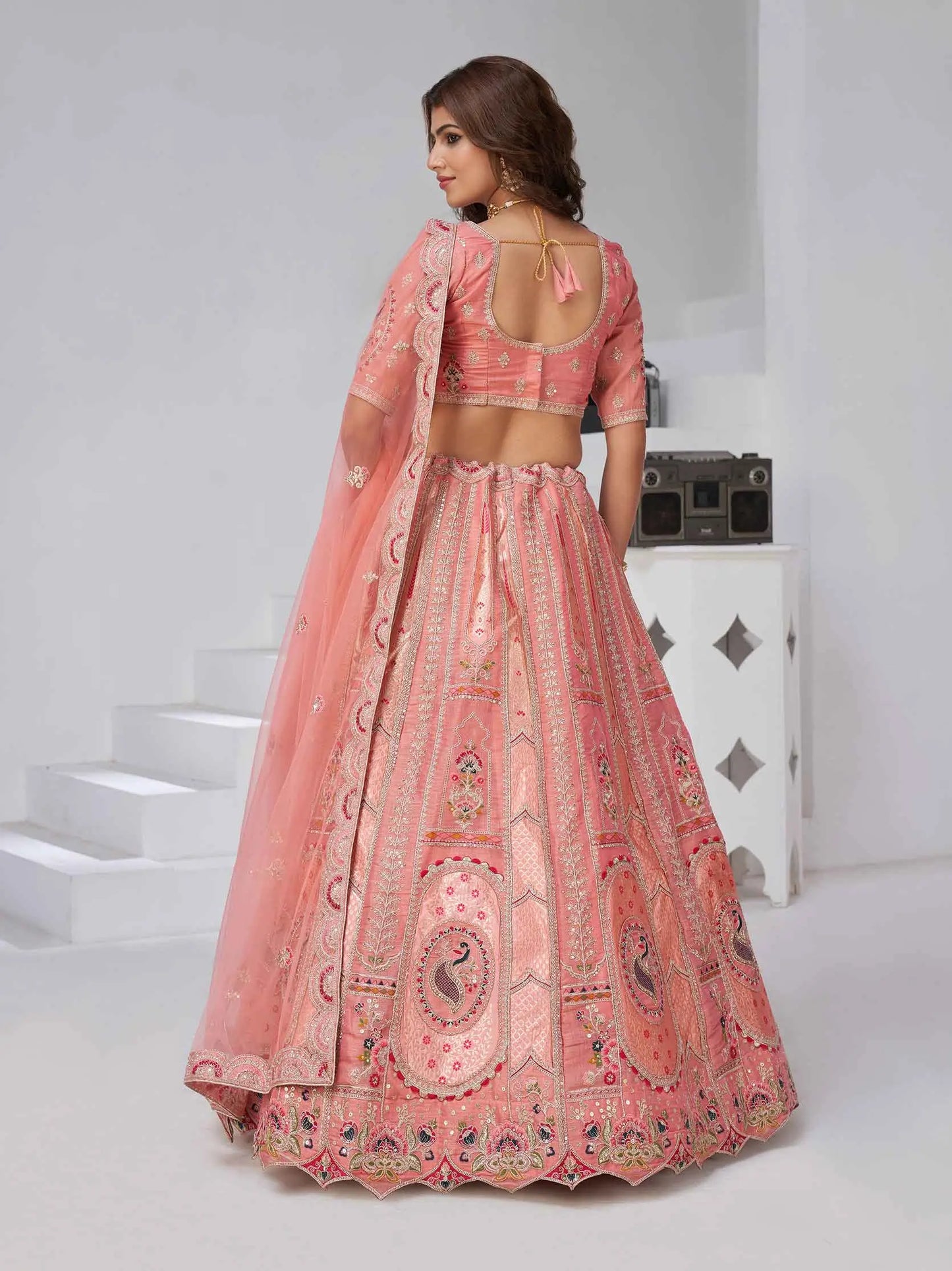 Peachy Pink Silk Lehenga With Zari & Resham Detailing