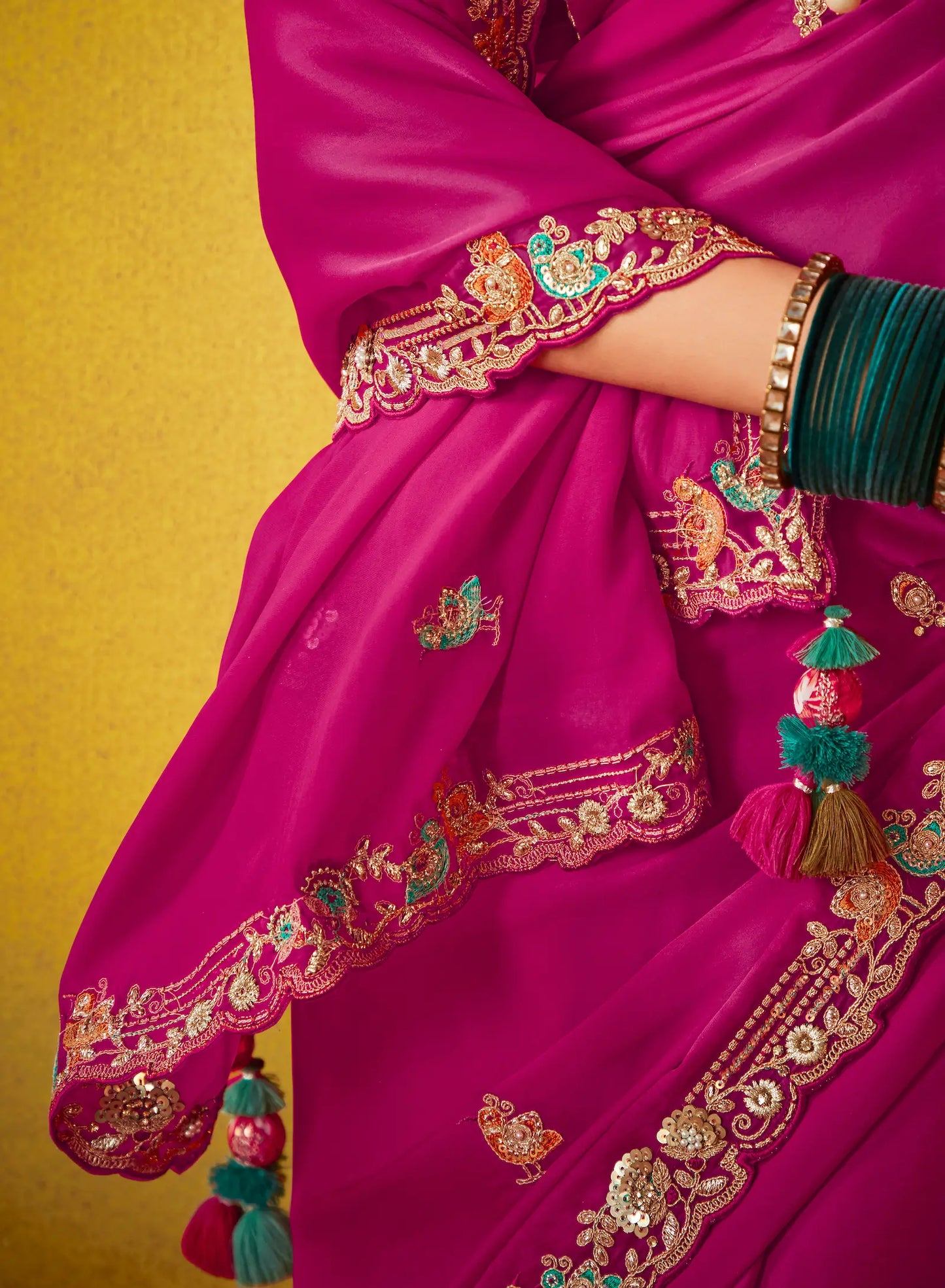 Deep Pink Glass Tissue Saree With Digital Print, Sequence & Thread Embroidery Work