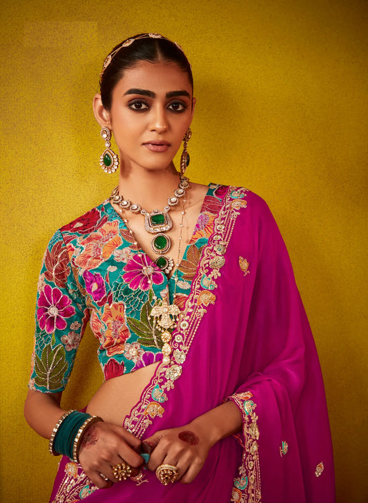 Deep Pink Glass Tissue Saree With Digital Print, Sequence & Thread Embroidery Work