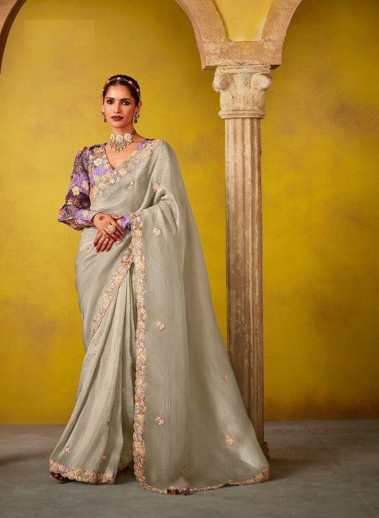 Grey Glass Tissue Saree With Digital Print, Sequence & Thread Embroidery Work