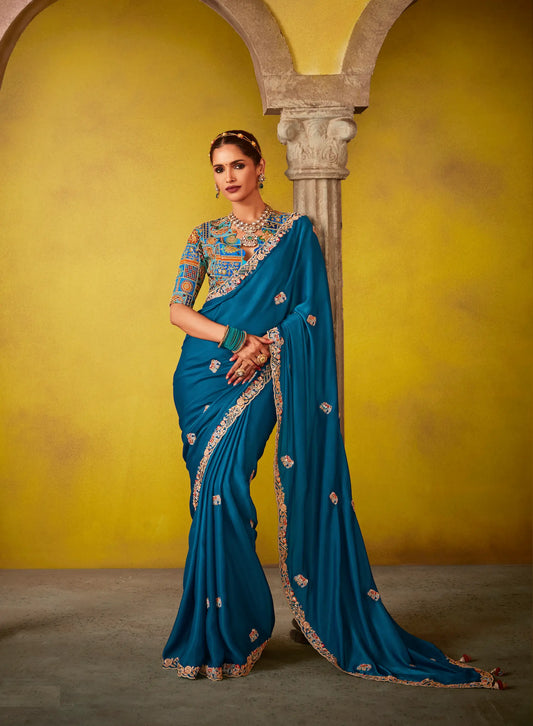 Teal Blue Glass Tissue Saree With Digital Print, Sequence & Thread Embroidery Work