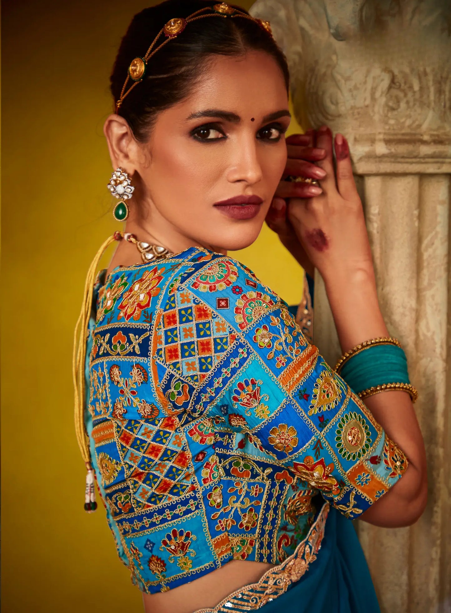 Teal Blue Glass Tissue Saree With Digital Print, Sequence & Thread Embroidery Work