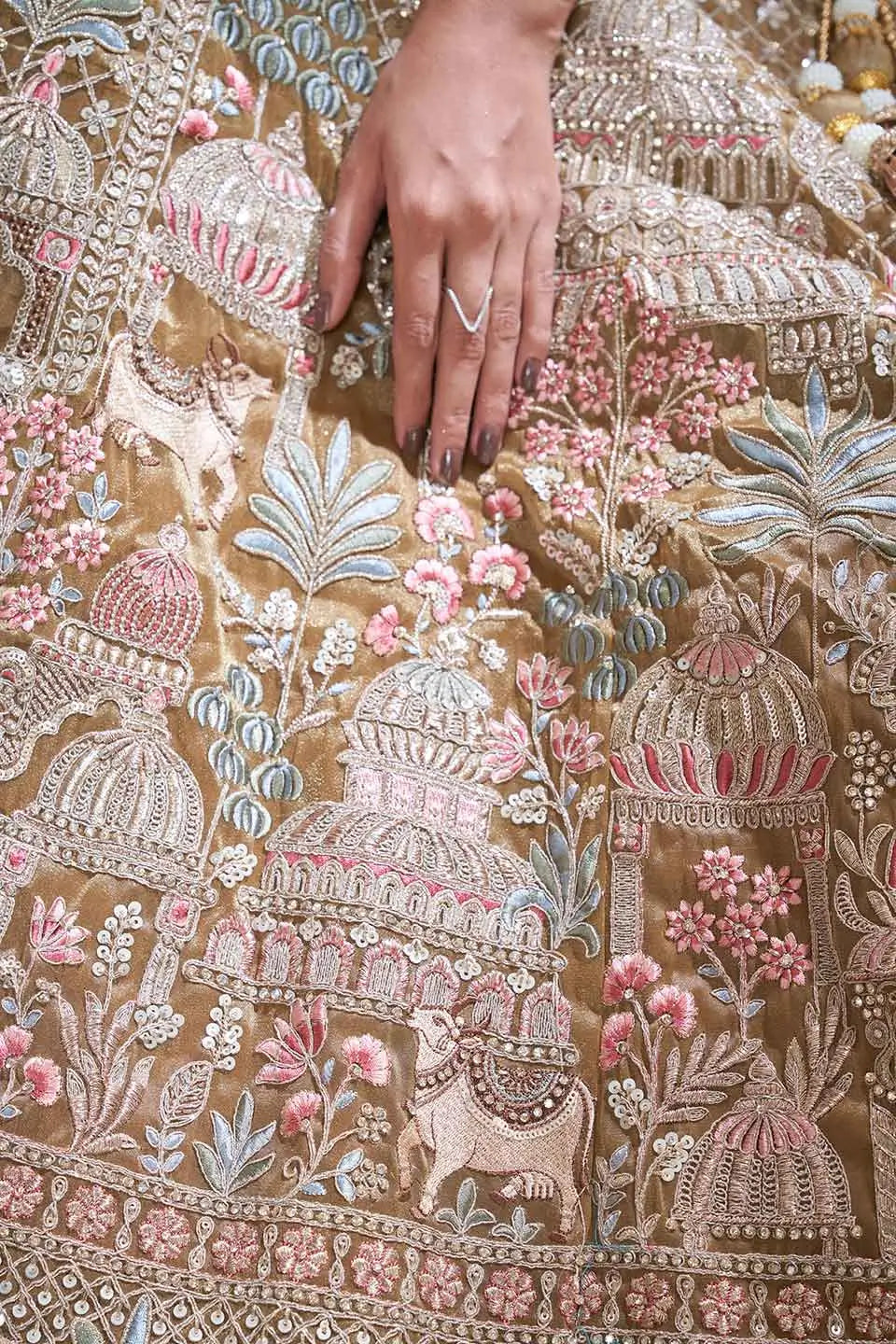 Traditional Bridal Lehenga With Temple & Cow Motifs