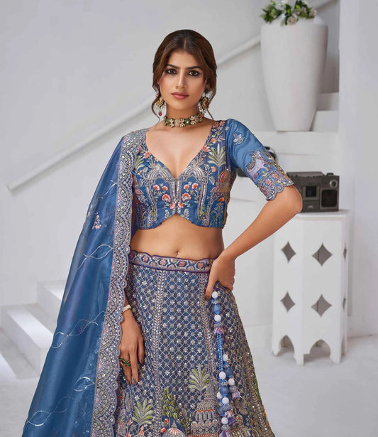 Dusty Blue Bridal Lehenga With Temple & Cow Motifs
