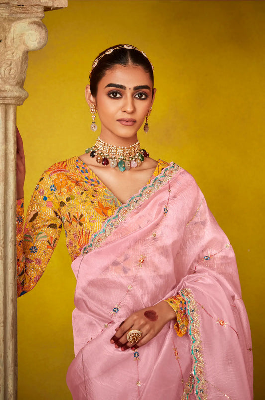 Light Pink Glass Tissue Saree With Digital Print, Sequence & Thread Embroidery Work