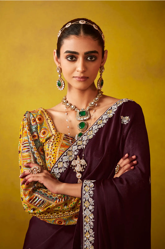 Dark Brown Glass Tissue Saree With Digital Print, Sequence & Thread Embroidery Work