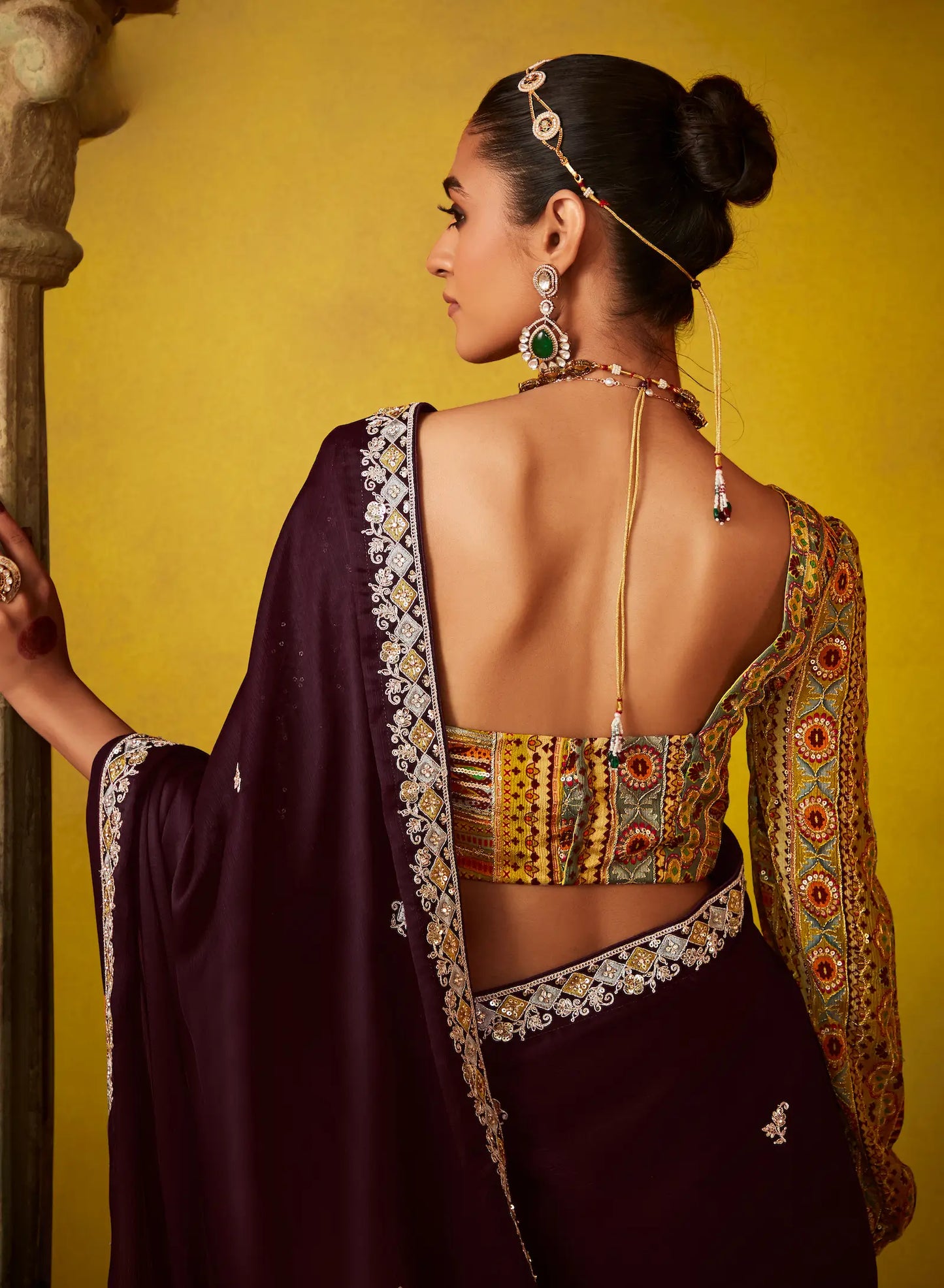 Dark Brown Glass Tissue Saree With Digital Print, Sequence & Thread Embroidery Work