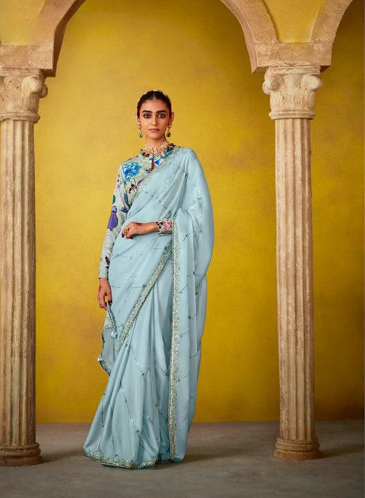 Sky Blue Glass Tissue Saree With Digital Print, Sequence & Thread Embroidery Work