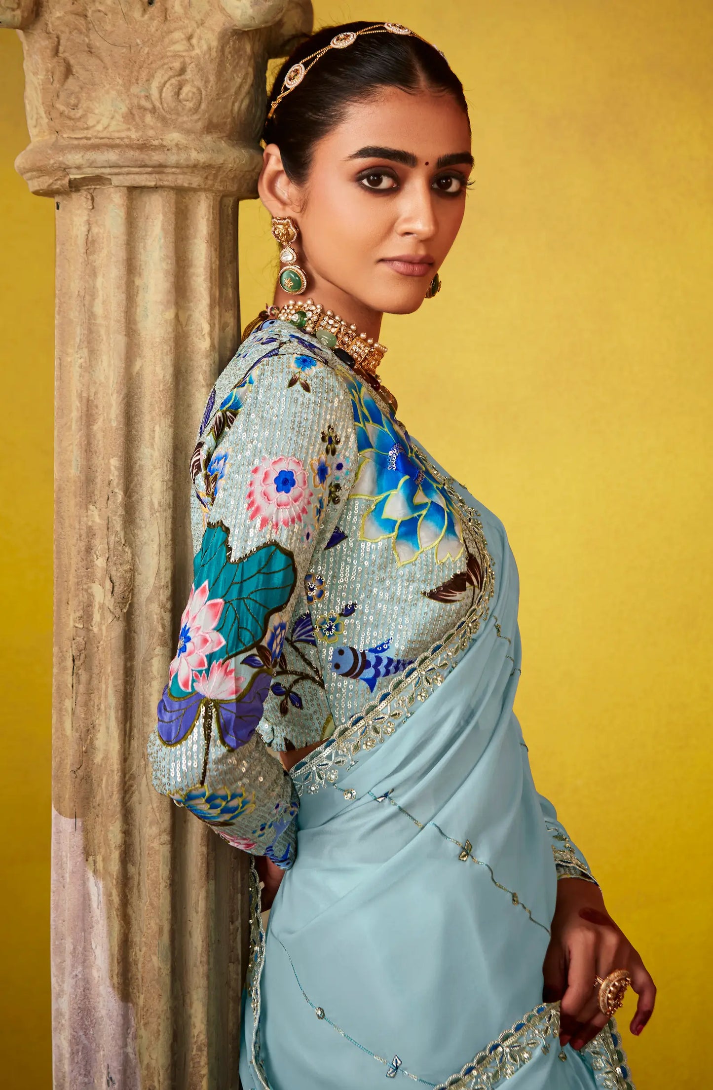 Sky Blue Glass Tissue Saree With Digital Print, Sequence & Thread Embroidery Work