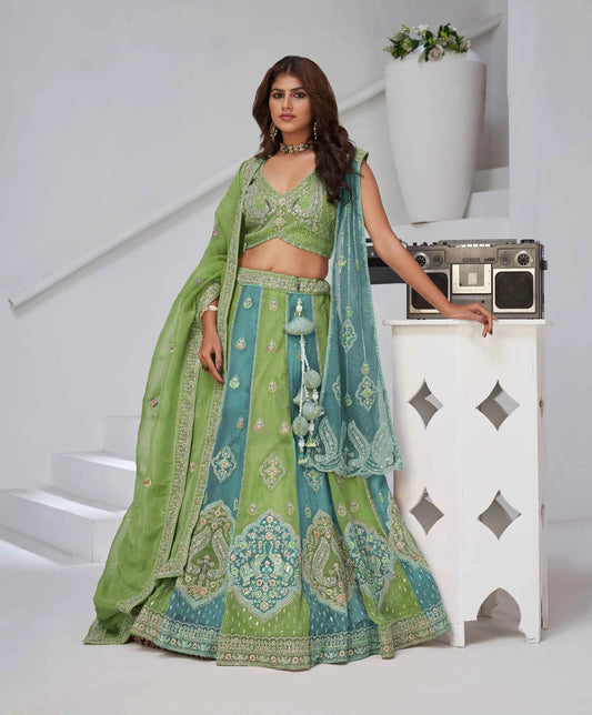 Iguana Green Lehenga With 2 Dupatta & Zari-Resham Work