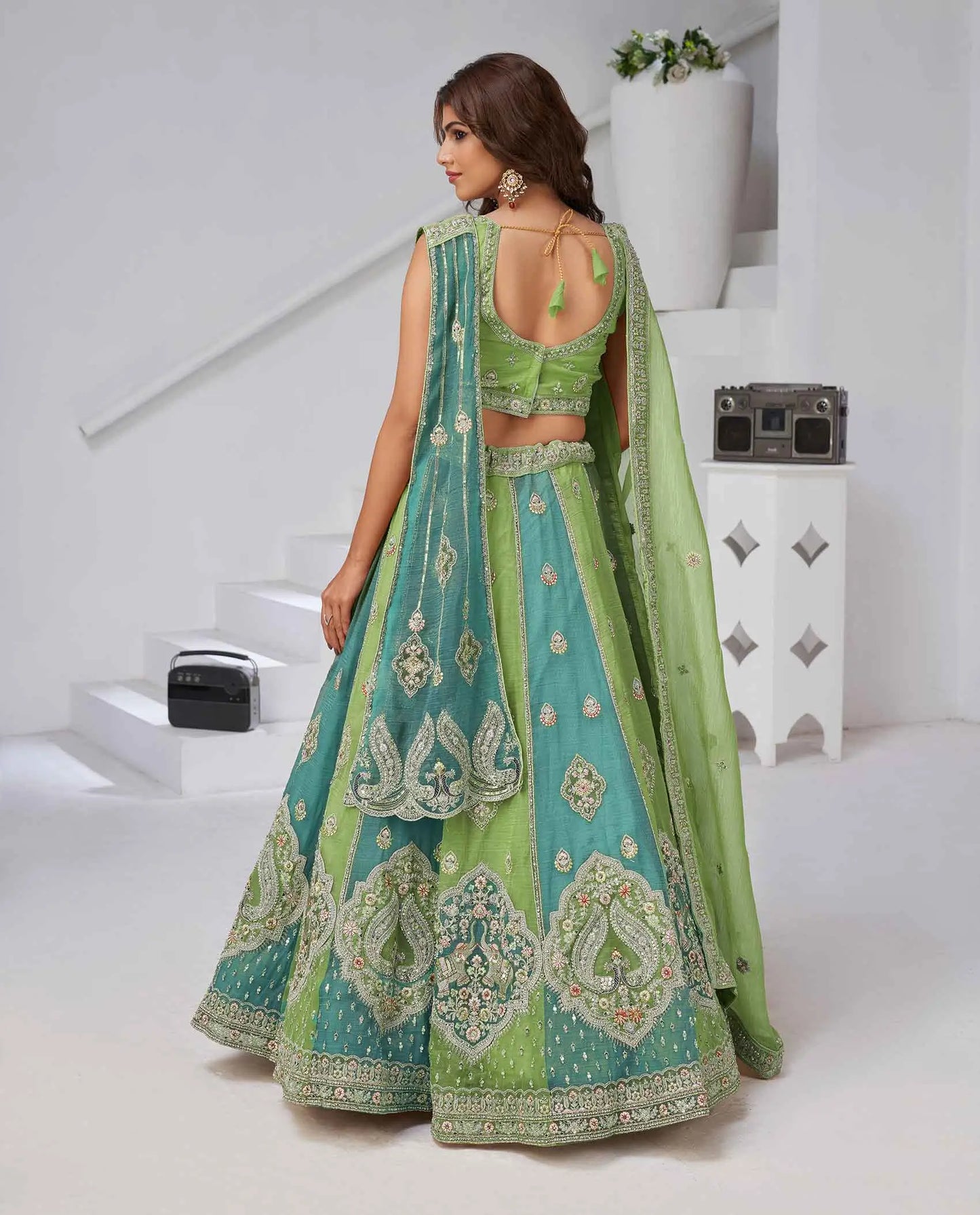 Iguana Green Lehenga With 2 Dupatta & Zari-Resham Work