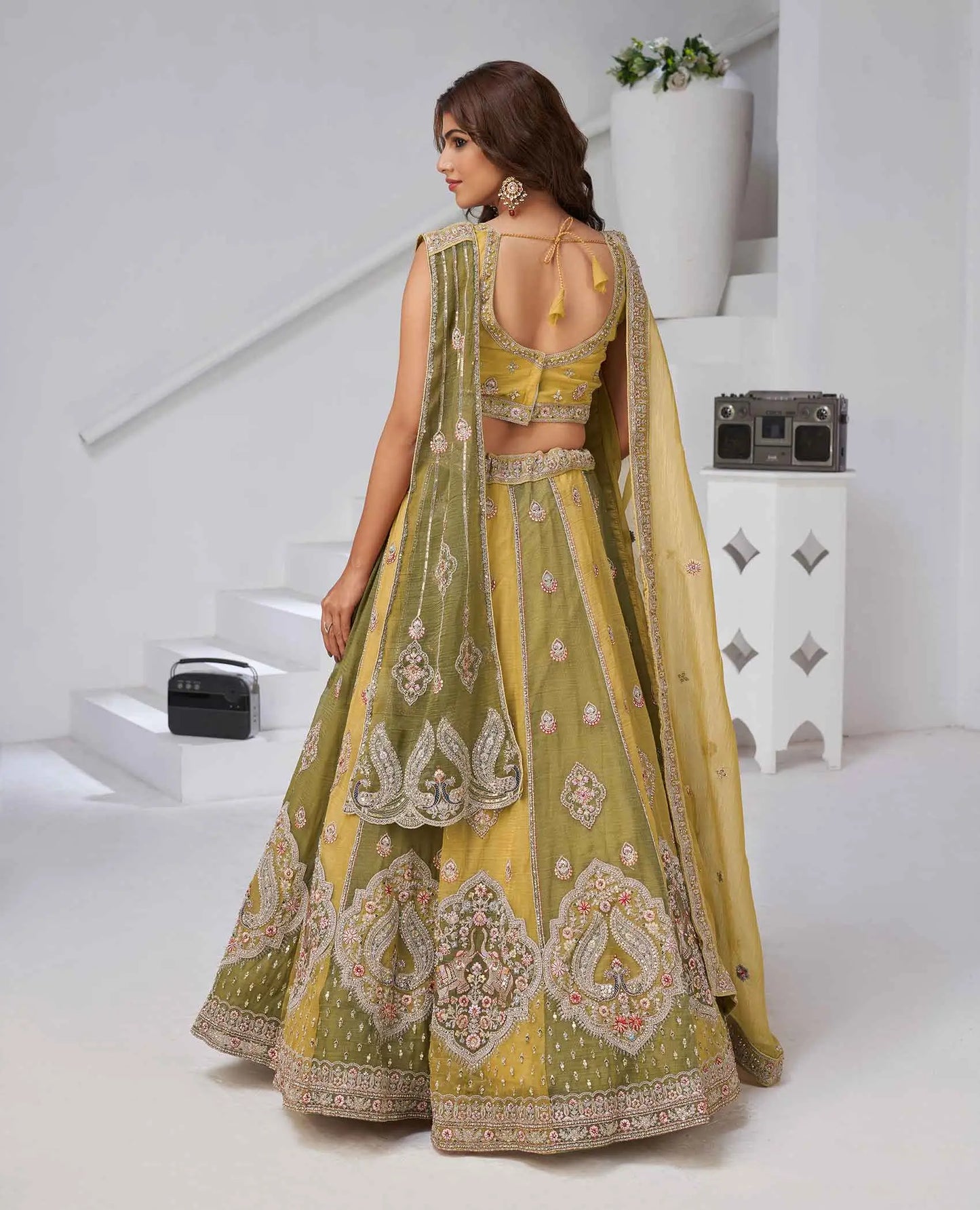 Yellow Lehenga With 2 Dupatta & Elephant Peacock Motifs