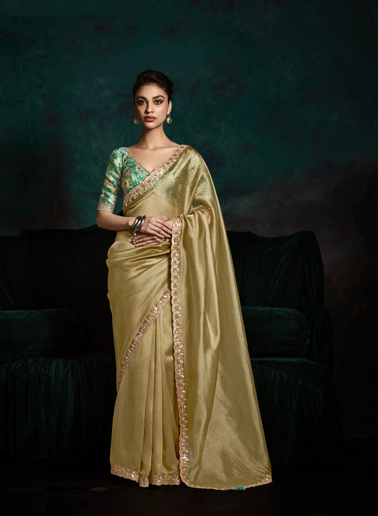 Dusty Lime Glass Organza Saree With Digital Print, Sequence & Thread Embroidery Work