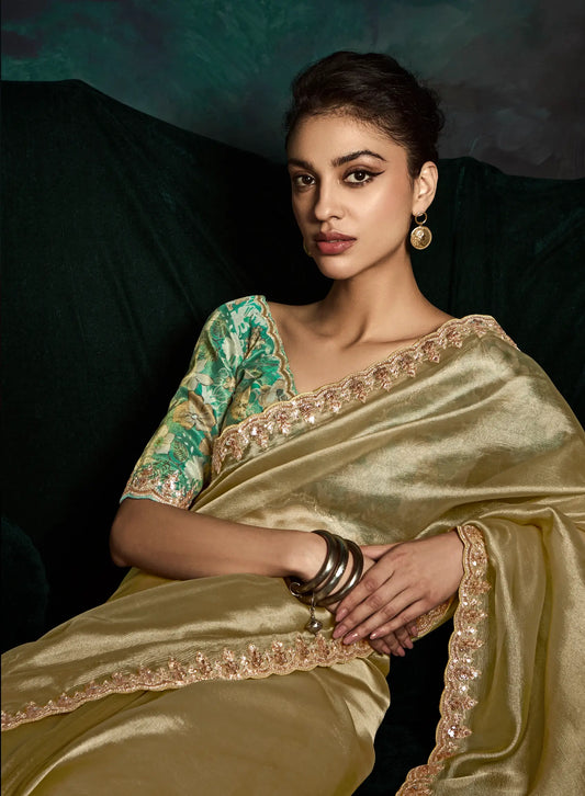 Dusty Lime Glass Organza Saree With Digital Print, Sequence & Thread Embroidery Work