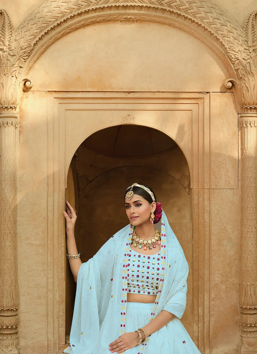 Sky Blue Georgette Thread with Sequence Embroidery Work Lehenga Choli