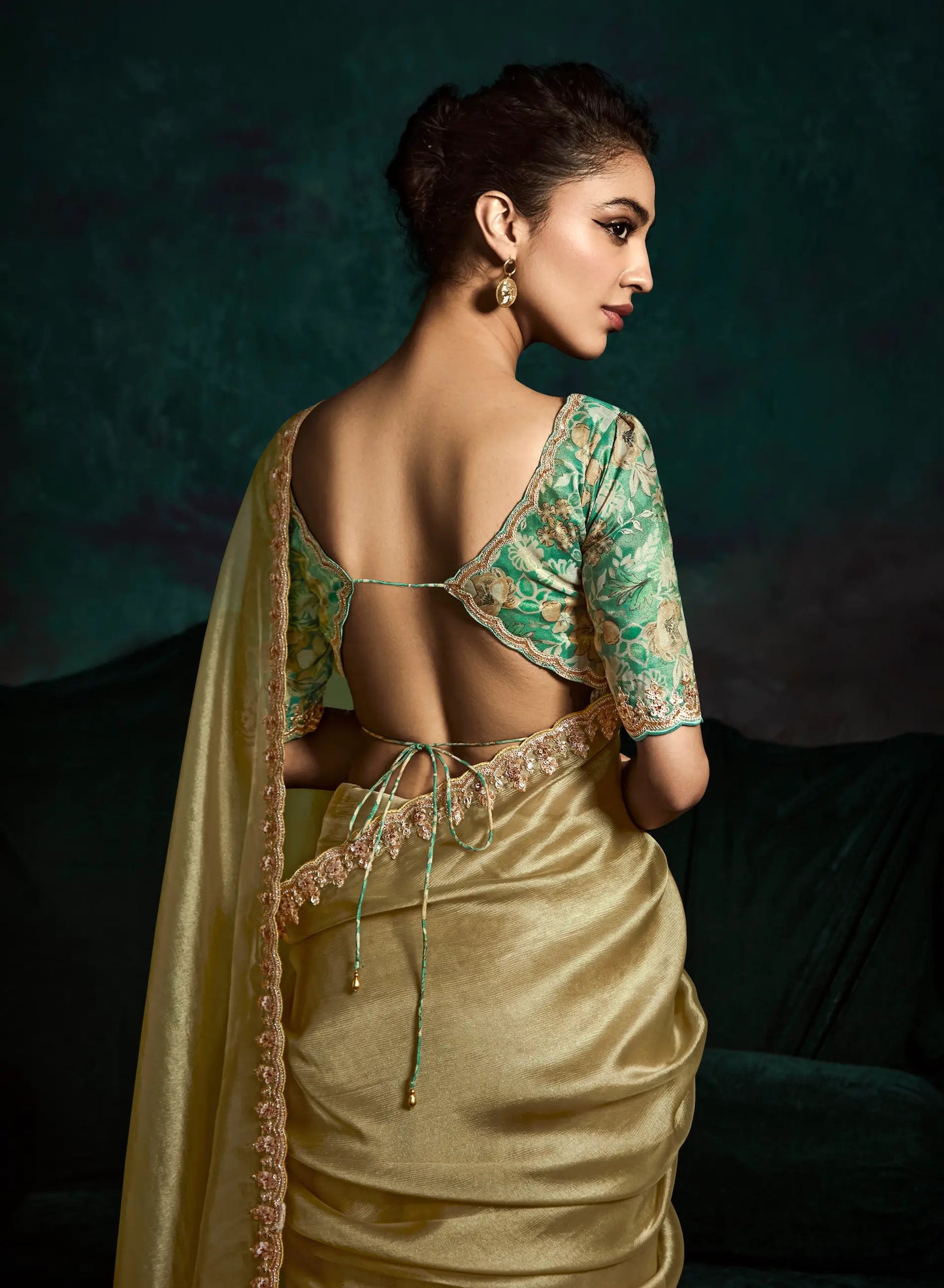 Dusty Lime Glass Organza Saree With Digital Print, Sequence & Thread Embroidery Work