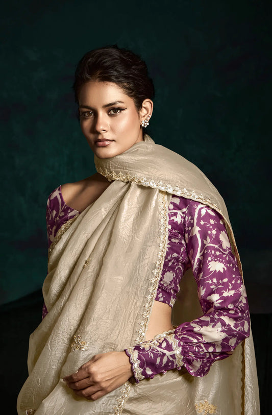 Beige Glass Organza Saree With Digital Print, Sequence & Thread Embroidery Work