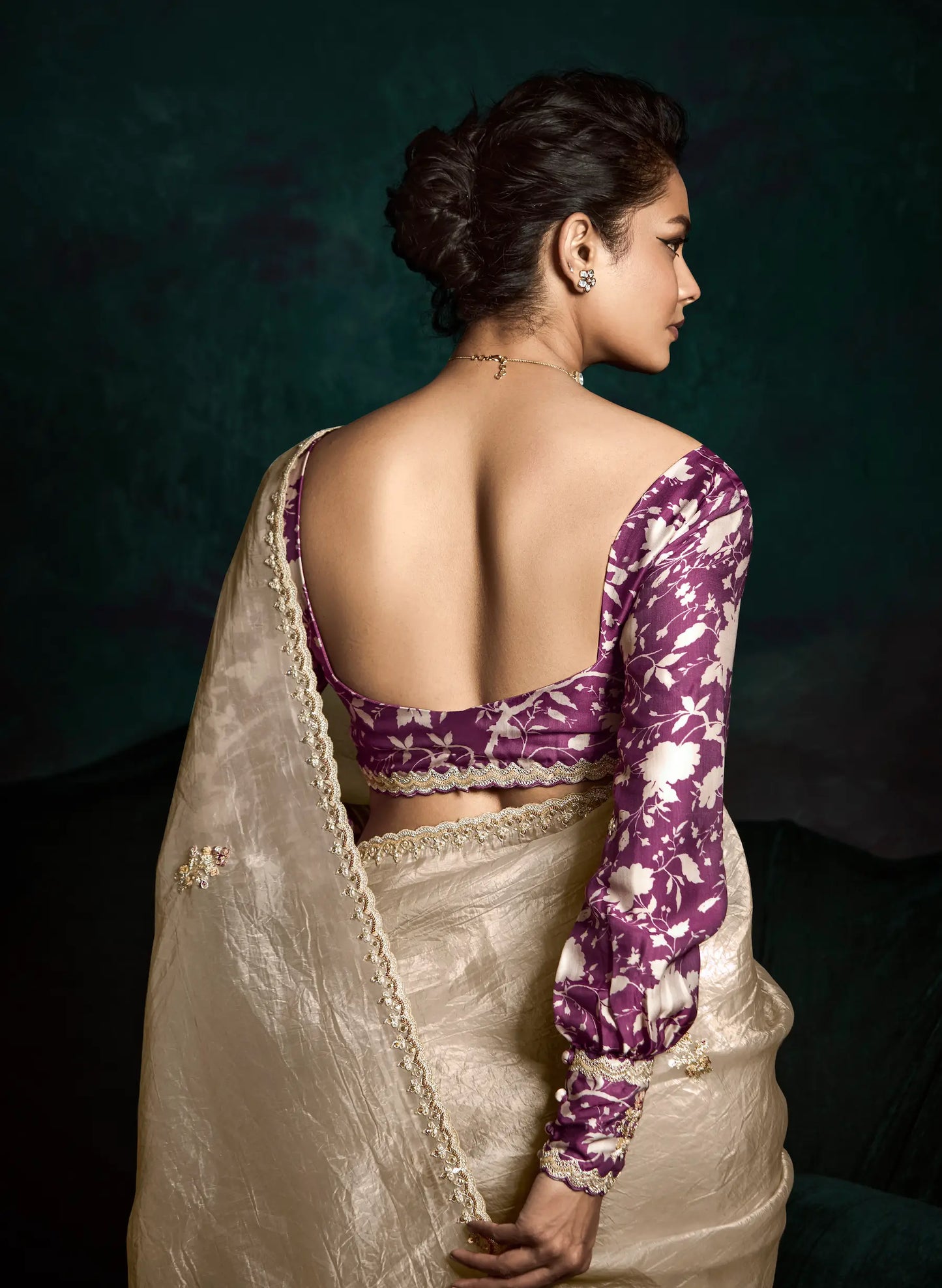 Beige Glass Organza Saree With Digital Print, Sequence & Thread Embroidery Work