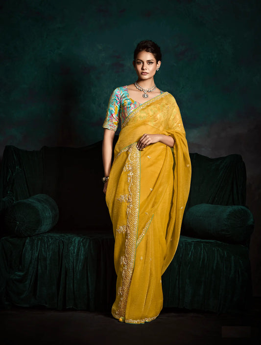 Yellow Glass Organza Saree With Digital Print, Sequence & Thread Embroidery Work