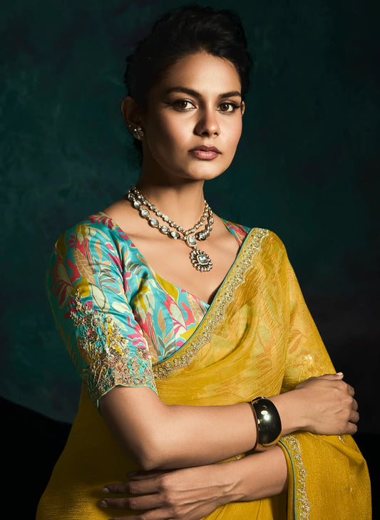 Yellow Glass Organza Saree With Digital Print, Sequence & Thread Embroidery Work