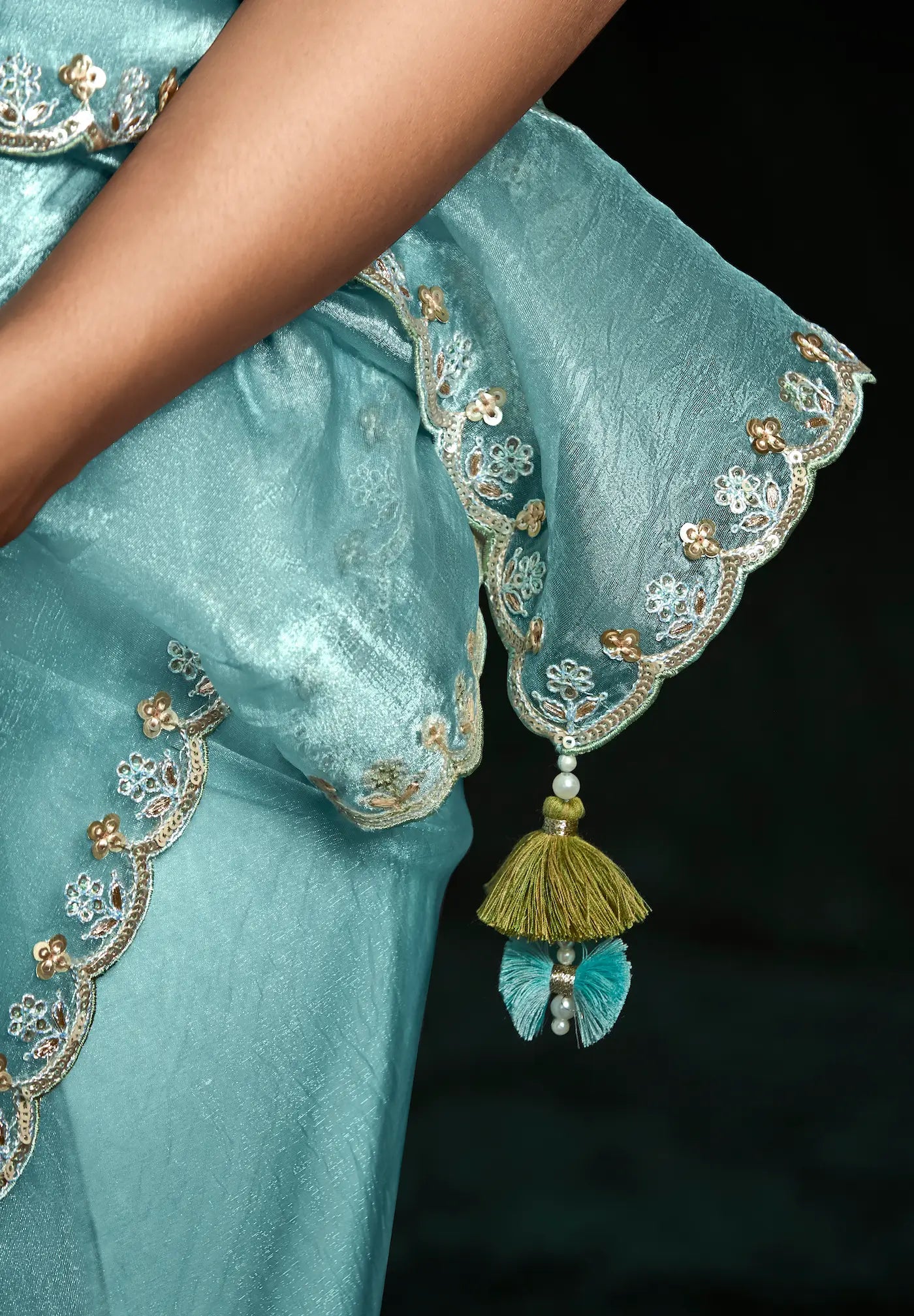 Sky Blue Glass Organza Saree With Digital Print, Sequence & Thread Embroidery Work