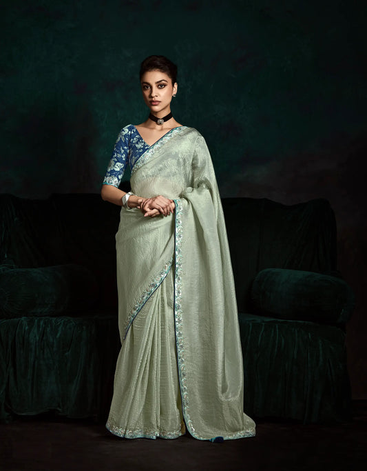 Pastel Grey Glass Organza Saree With Digital Print, Sequence & Thread Embroidery Work