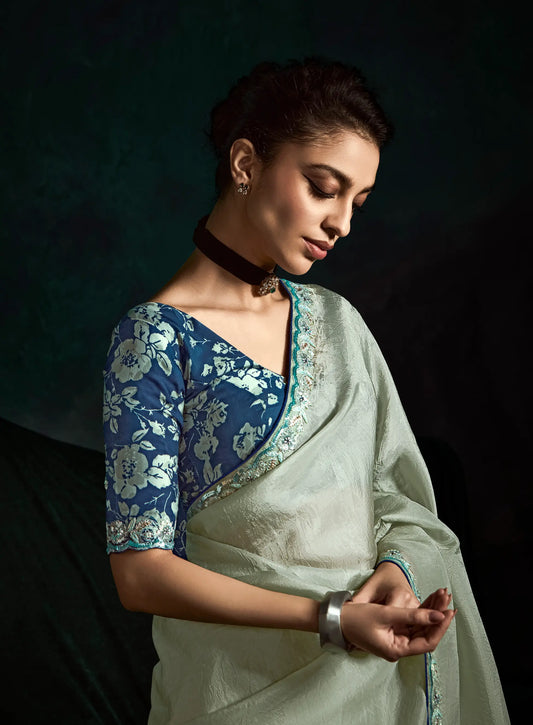 Pastel Grey Glass Organza Saree With Digital Print, Sequence & Thread Embroidery Work