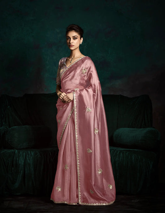Dusty Peach Glass Organza Saree With Digital Print, Sequence & Thread Embroidery Work
