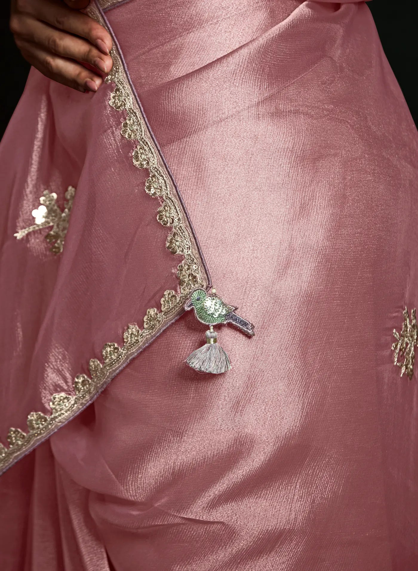 Dusty Peach Glass Organza Saree With Digital Print, Sequence & Thread Embroidery Work