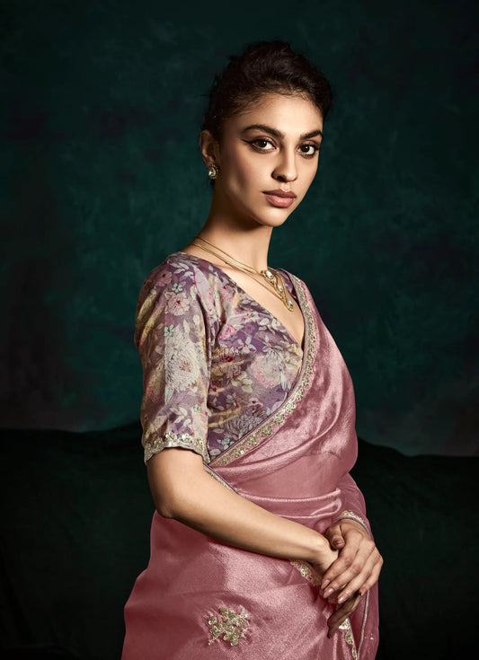 Dusty Peach Glass Organza Saree With Digital Print, Sequence & Thread Embroidery Work