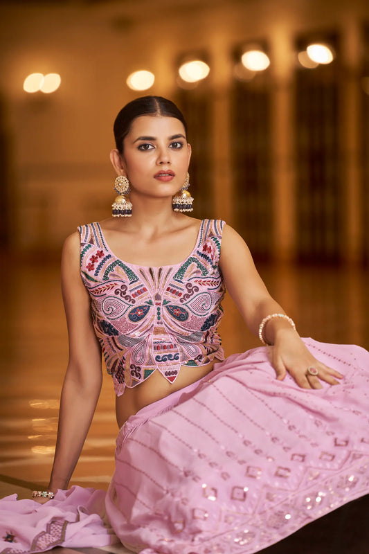 Dusty Pink Georgette Thread with Sequence Embroidery Work Lehenga Choli