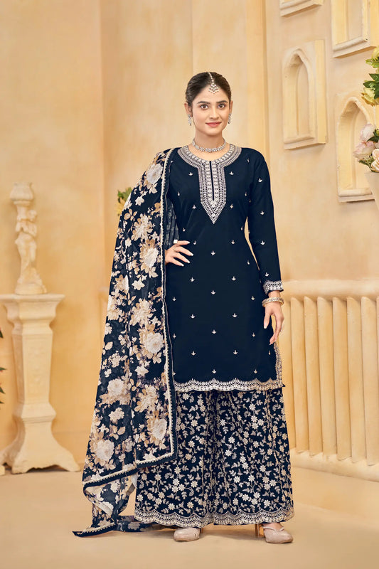 Navy Blue Roman Silk Thread & Sequins Embroidery Work Palazzo Set