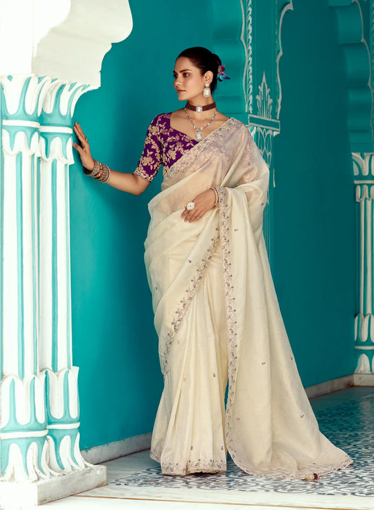 Beige Organza Embroidery Work Party wear Saree