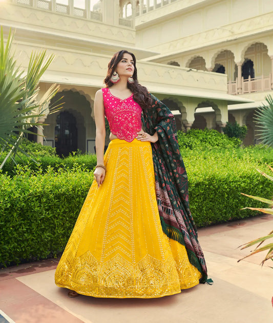 Yellow-Pink Georgette Lehenga Choli With Thread with Sequence Embroidery Work