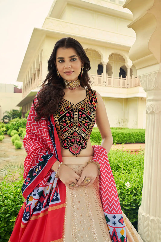 Beige Georgette Lehenga Choli With Thread with Sequence Embroidery Work