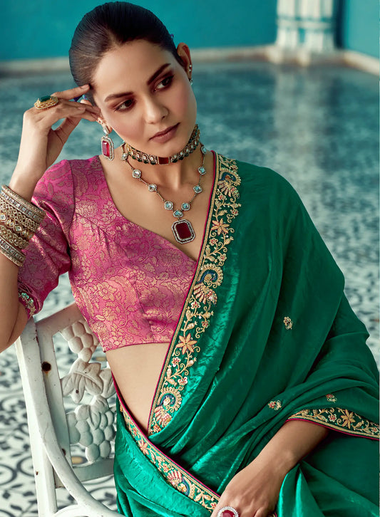 Green Organza Embroidery Work Party wear Saree