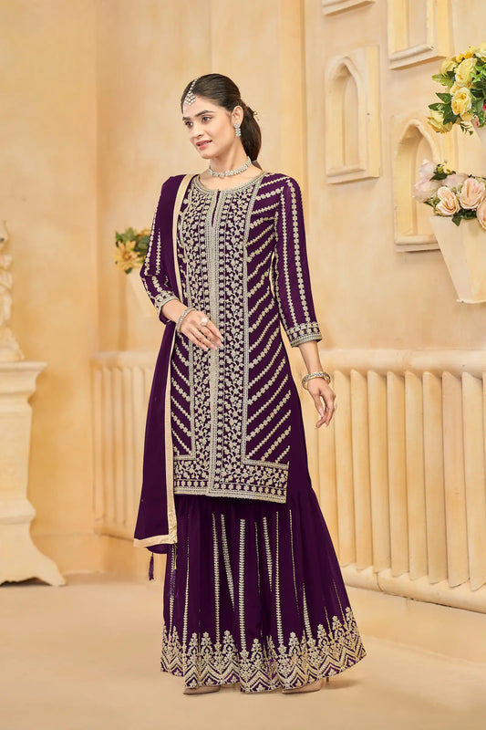 Wine Georgette Thread & Sequins Embroidery Work Sharara Set
