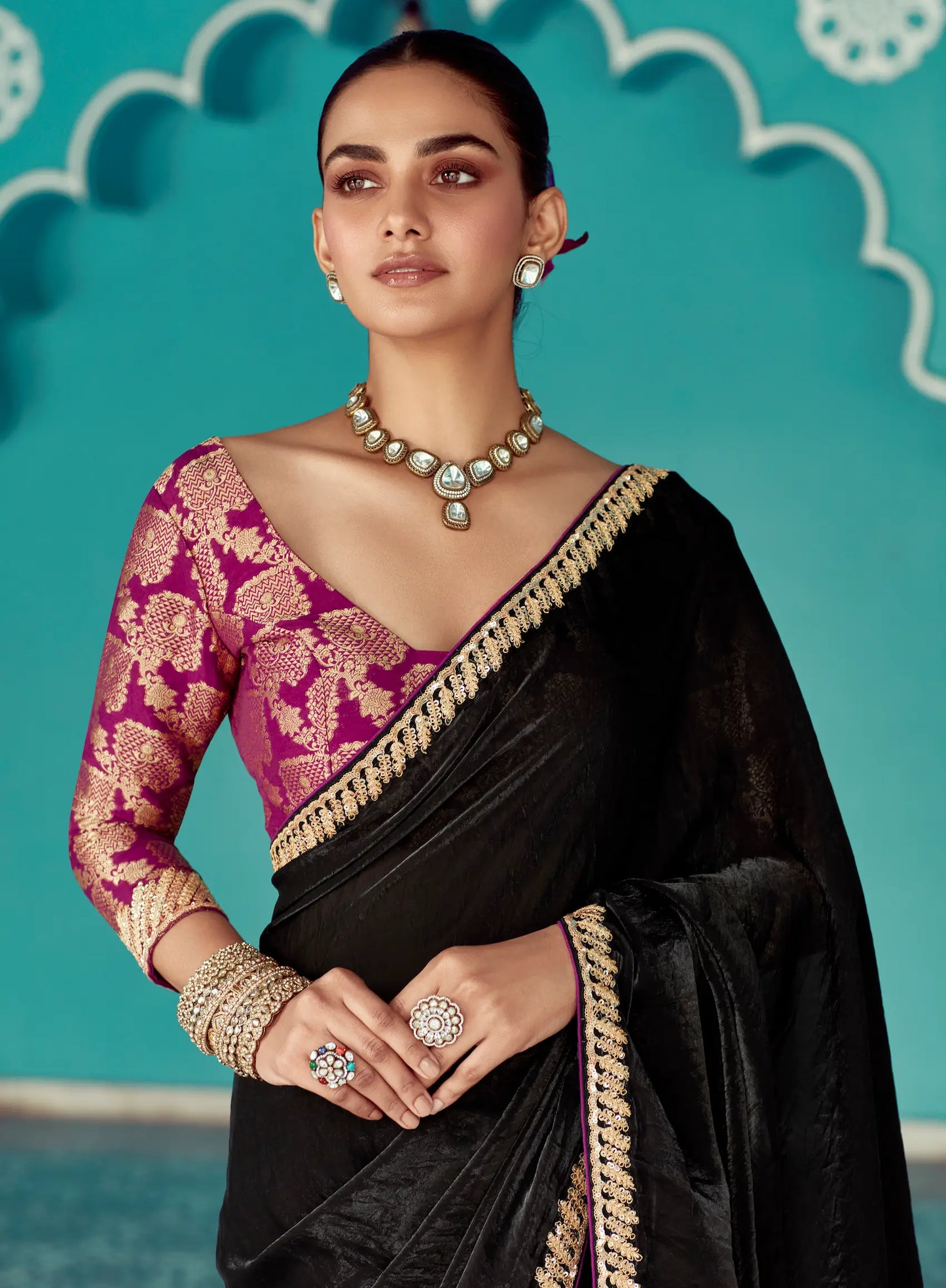Black Organza Embroidery Work Party wear Saree