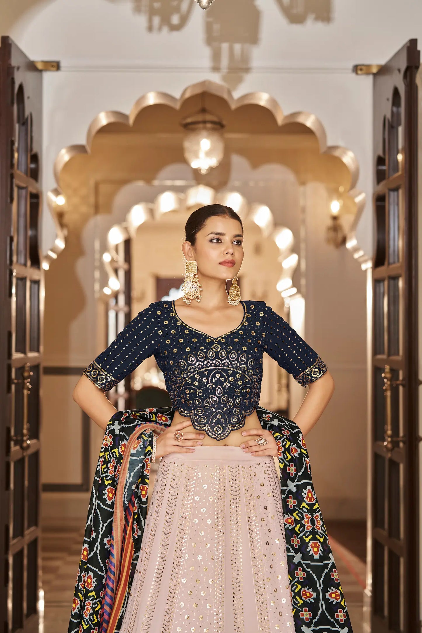 Light Pink-Navy Georgette Thread with Sequence Embroidery Work Lehenga Choli
