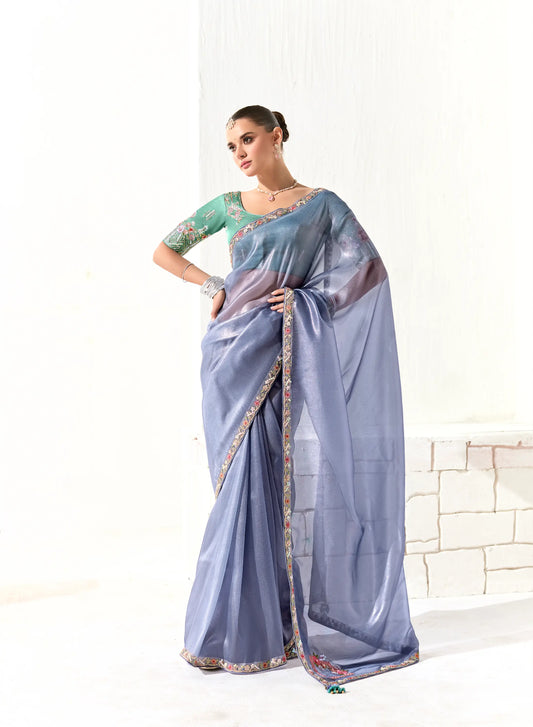 Blue Grey Organza Saree Blouse With Heavy Embroidery work