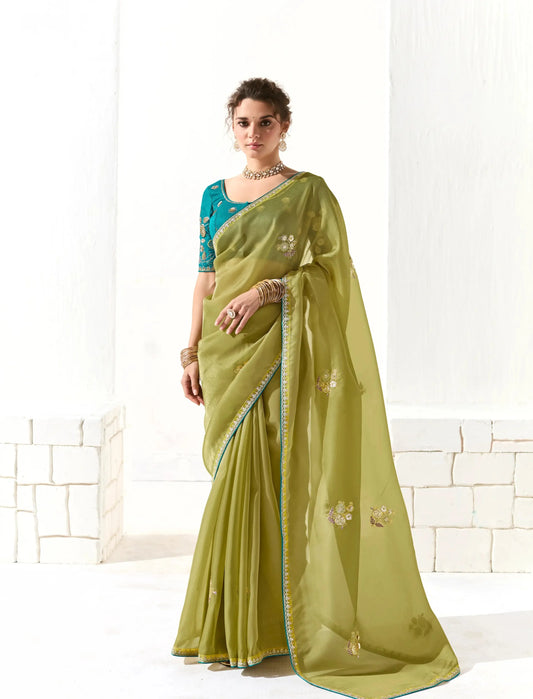 Lime Green Organza Saree Blouse With Heavy Embroidery work