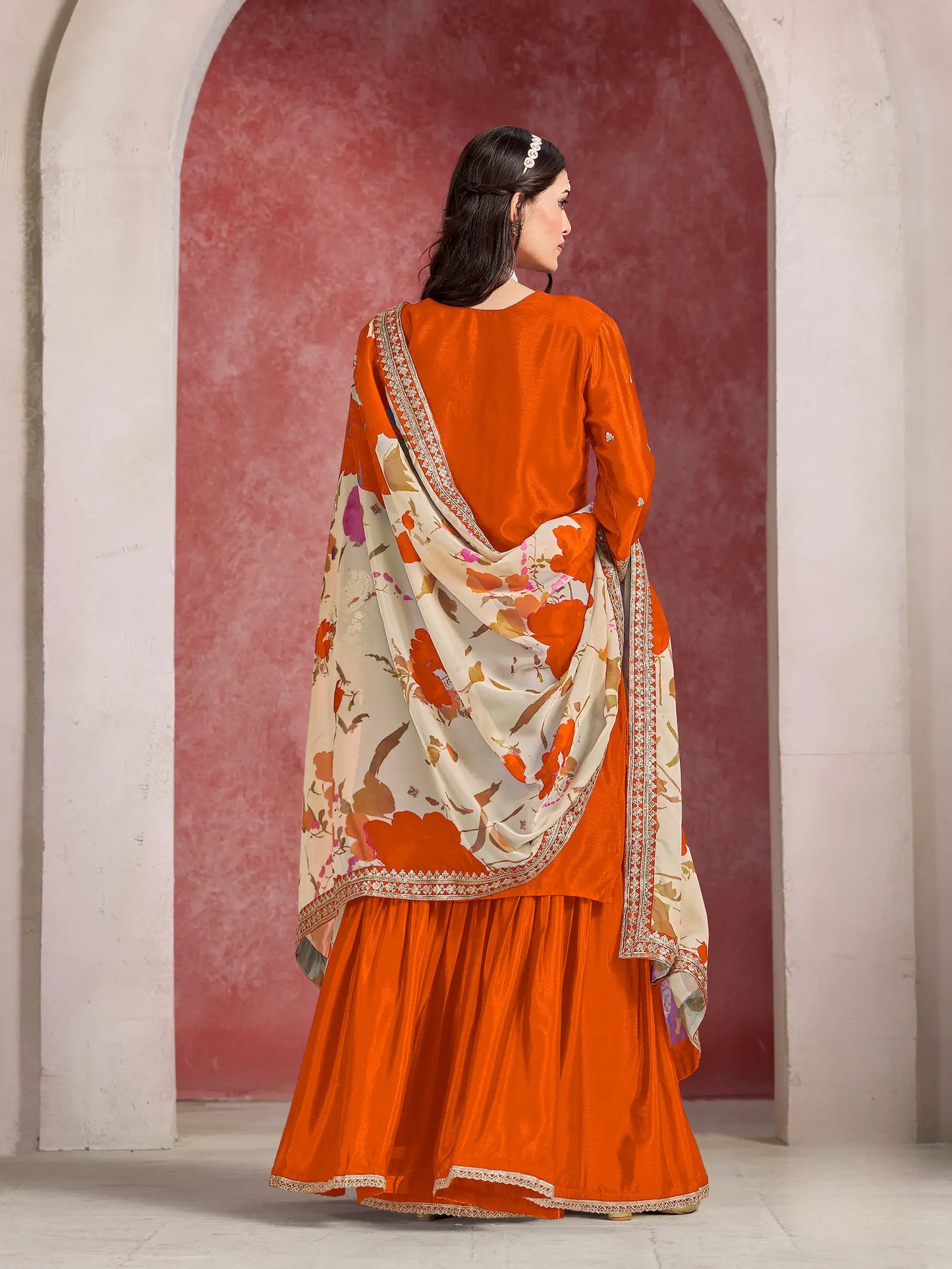 Orange Chinon Embroidery Salwar suit With Organza Dupatta