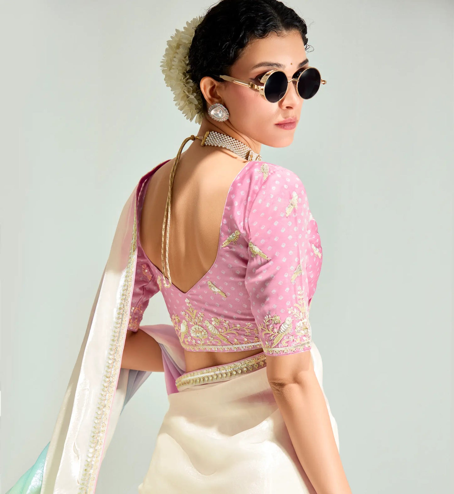 Beige-Multicolor Organza Embroidery Saree